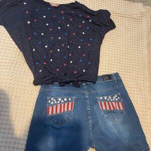 2 Pc American Flag Denim Shorts & Star Spangled T-Shirt  Size 14/Large